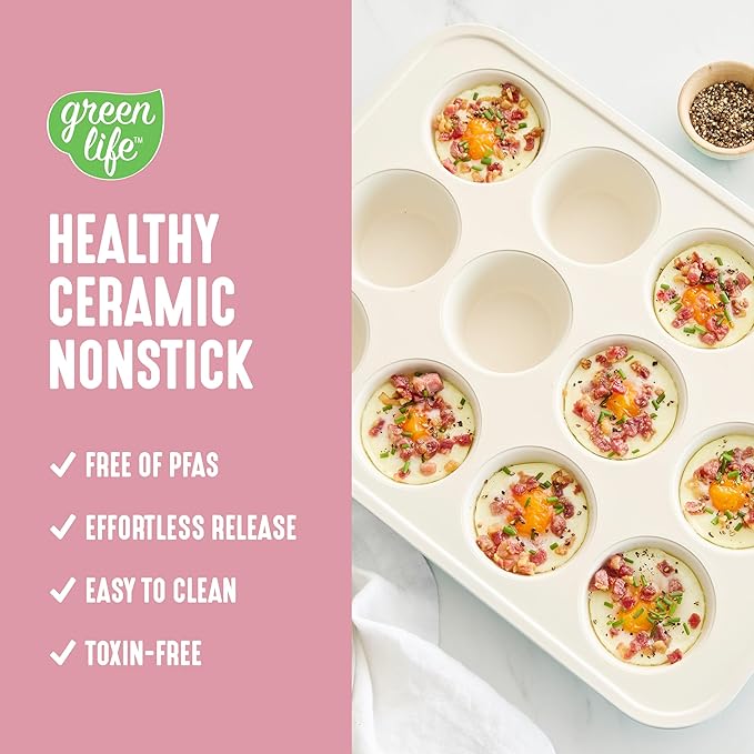 GreenLife 12-Cup Muffin Pan, Healthy Ceramic Nonstick Bakeware, PFOA & PFAS-Free Cupcake Sheet, Durable, Versatile Kitchen Essentials, Easy Clean Muffin Mold, Pink