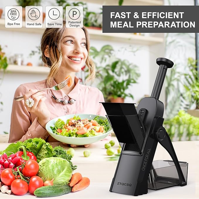 Safe Mandoline Slicer for Kitchen, Meal Prep,Potato Slicer, Adjustable/Easy to Clean/Storage, Kitchen Chopping Artifact,French Fry Cutter,Paring Knife/Cleaning Brush (only Slice, Black Knight)