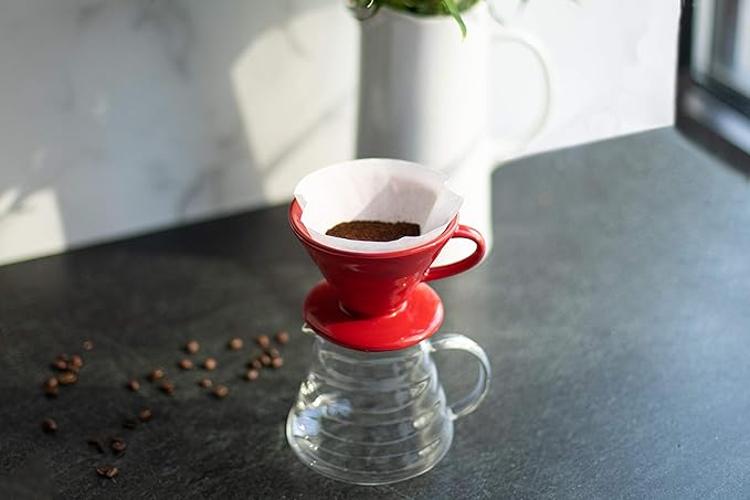 Pour Over Coffee Dripper - Ceramic Slow Brewing Accessories for Home, Cafe, Restaurants - Easy Manual Brew Maker Gift - Strong Flavor Brewer - V01 Paper Cone Filters - Red, 1 Cup