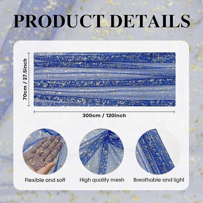 Artoid Mode 6PCS Blue Gold Gauze Table Runner 120 Inch 10FT, Glitter Metallic Foil Sheer Dining Wedding Anniversary Holiday Table Decor for Home Party