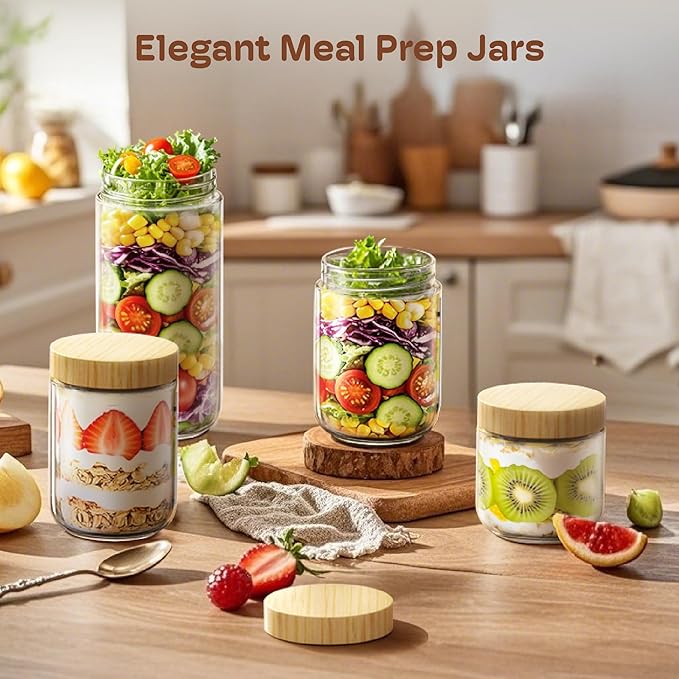 6 pack 24oz Overnight Oats Containers with Bamboo Lids, Glass Jars with Airtight Lids for Meal Prep, Wide Mouth Mason Salad Jars, Glass Food Storage Container for Yogurt Chia Snacks Spice Sugar
