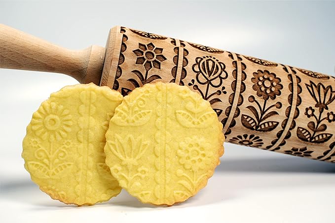 FOLKSY FLOWERS Embossing Rolling Pin. Laser Engraved Dough Roller with Folk Pattern for Embossed Cookies and Pottery by Algis Crafts