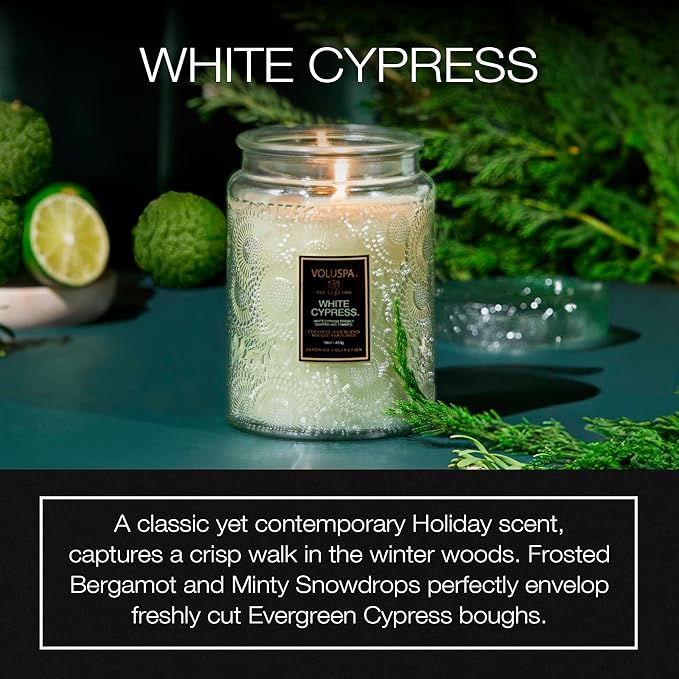 Voluspa White Cypress,Large Candle Jar,18 Ounce,100 Hour Burn Time, & Coconut Wax for Clean Burning,,Handcrafted in the USA