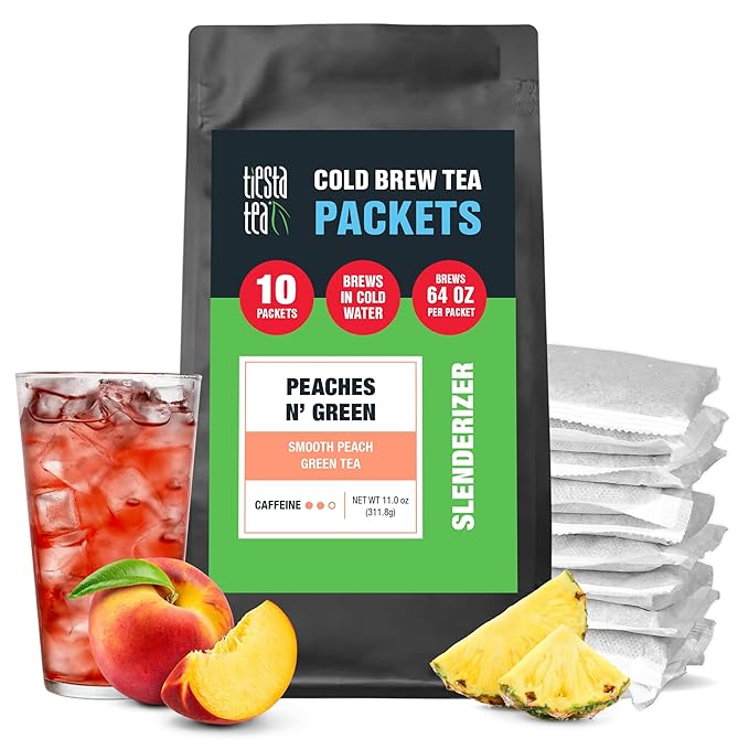 Tiesta Tea - Peaches N' Green Cold Brew, Loose Leaf, Smooth Peach Green Tea, Premium Medium Caffeinated Iced Drink, Cold Brew Packets, Makes 64 oz of Pitcher Per Bag (Pack of 10)