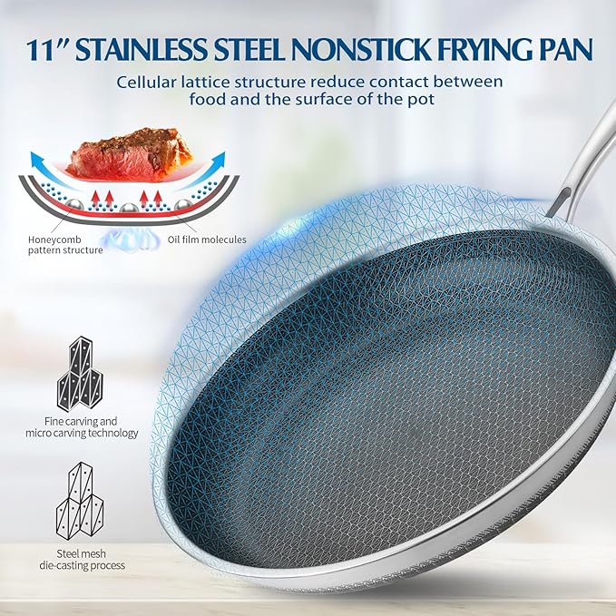 Skillets and Frying Pans NonStick with Lid, 10 inch Stainless Steel Non Stick Frying Pan Honeycomb for Kitchen Cookware - Dishwasher and Oven Safe Pan for Induction Gas Ceramic.