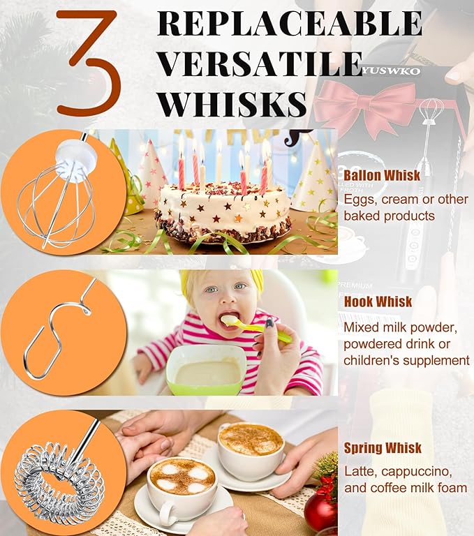 YUSWKO Milk Frother Handheld for Coffee, Rechargeable Drink Mixer with 3 Heads 3 Speeds Electric Coffee Frother Whisk, Gift for Many Occasions and Festival