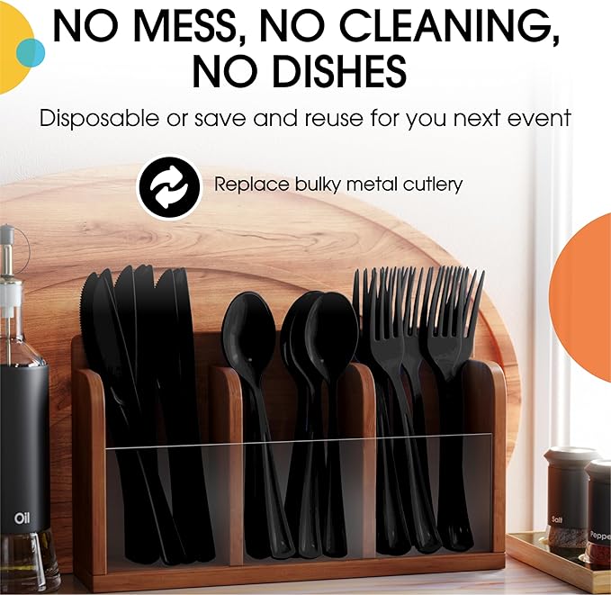 Party Solids Black Plastic Silverware Heavy Duty 300 Pieces Black Plastic Cutlery Sets, Utensil Sets, 100 Of Each Forks, Knives & Spoons Disposable Cutlery Set, Flatware Set For Party Supplies