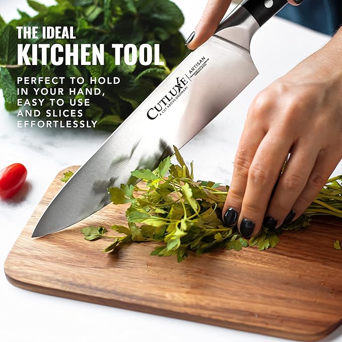 Cutluxe Chef Knife – 8" Kitchen Knife, German High Carbon Steel, Full Tang, Ergonomic Handle Design, Sheath Included – Artisan Series