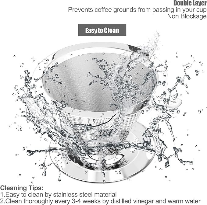 Pour Over Coffee Dripper, Paperless Reusable Coffee Filter, Pour Over Coffee Maker for Single Cup Brew, Double Mesh Design of Stainless Steel Cone Filter for Perfect Extraction (1-4 Cup)