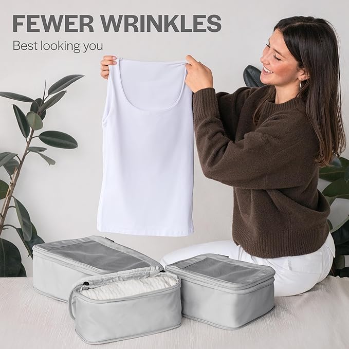 Aerotrunk Compression Packing Cubes for Travel - Luggage Organizer Bags - Double Zipper Packing Cubes for Suitcases (6-Pack, Light Grey)