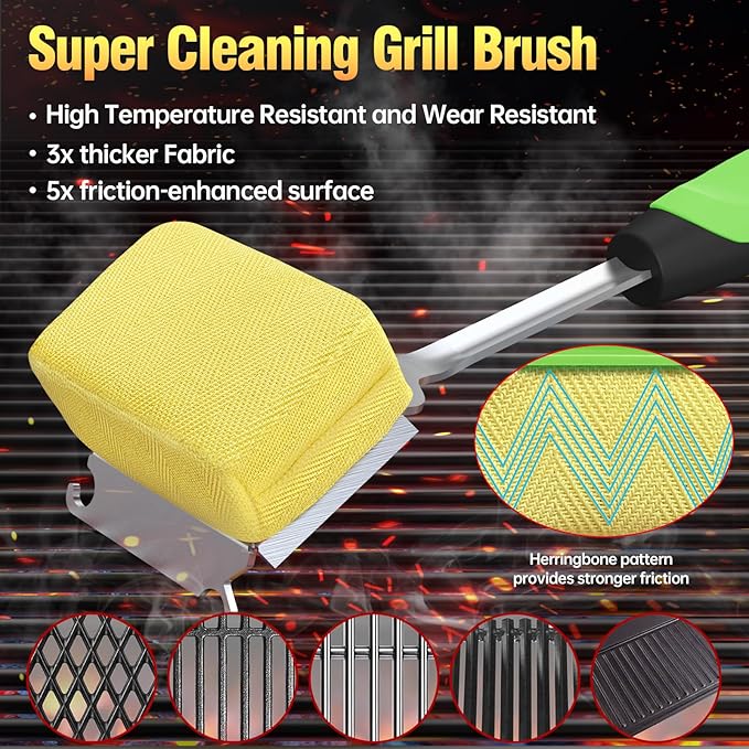 Grill Brush Bristle Free for Outdoor Grill, Steam Grill Cleaning Brush Replaceable BBQ Cleaner Brush Head,Extended Handle, Safe Grill Brush with Scraper for Cast Iron Stainless-Steel Grates,Green