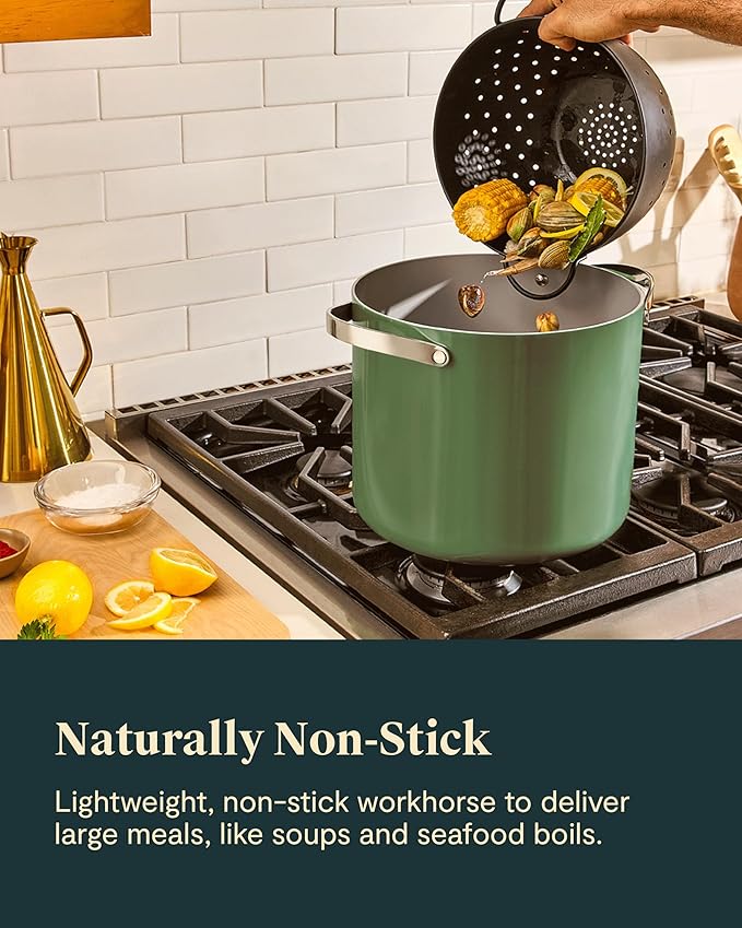 Caraway Stock Pot - 12 Qt Ceramic Coated With Lid - Free From Forever Chemicals - Large for Bigger Batches - Perracotta