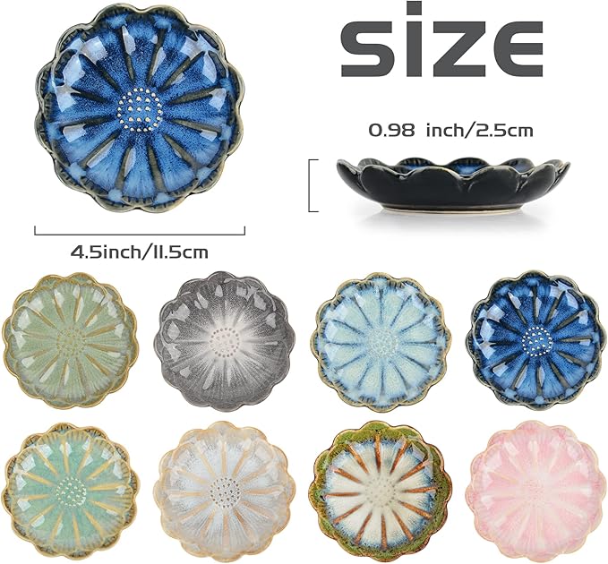 Ceramic Dipping Bowls Set of 8, 3 oz Sauce Cups, Chrysanthemum Round Small Side Dish for Sushi, Tomato, Soy Sauce, Condiment Finger Bowls