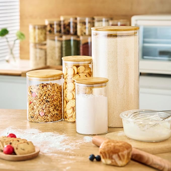 Multi Size - 5 Pack Glass Jars with Bamboo Lids, Glass Pantry Storage Containers with Airtight Lids, Round Air Tigh Food Storage Canisters for Cereal, Pasta, Flour, Sugar, Best for Kitchen Organizer