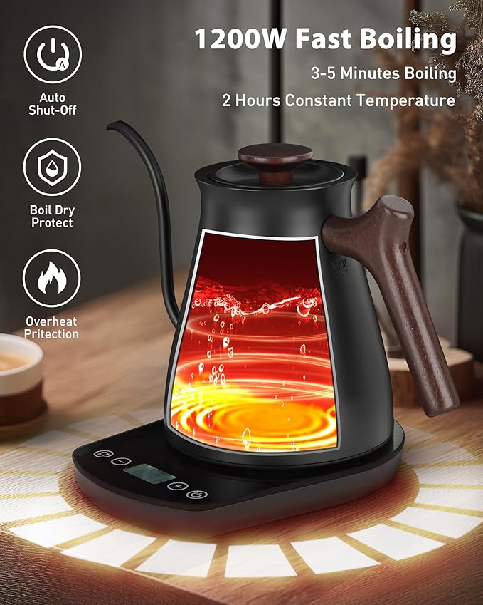Harriet Gooseneck Electric Kettle - 1200W Fast Heat, 0.8L Stainless Steel, Precision Temp Control & Timer, Wood Handle, Pour Over Coffee and Tea, Black