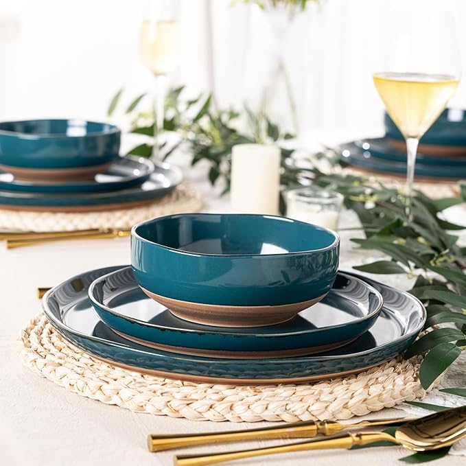 AmorArc Ceramic Dinnerware Sets for 4, 12 Pieces Handpainted Plates and Bowls Set with Rustic Terracotta Underside, Scratch Resistant Stoneware Dishes Set, Dishwasher & Microwave Safe