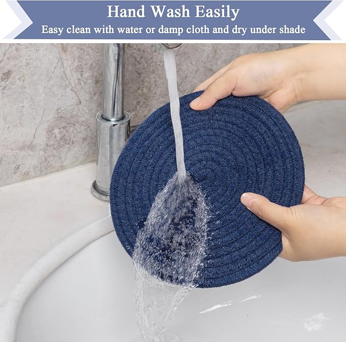 SHACOS 10 Inches Trivets for Hot Dishes, 4 Pieces Cotton Trivets Mats for Kitchen, Hot Pads for Countertops and Table, Heat-Resistant Pot Holders for Hot Pots and Pans(Blue, 4pcs)