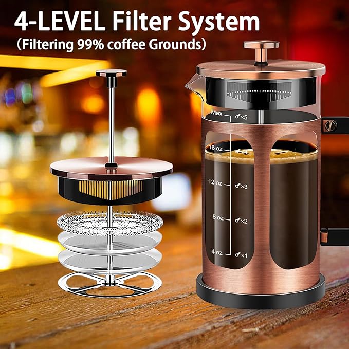French Press Coffee Maker (21oz 600ML 3-4Cup) Coffee Press, with 4 Filters System, Heat Resistant Thickness Borosilicate Glass, Cold Brew Coffee Tea Pot Gifts (Copper)