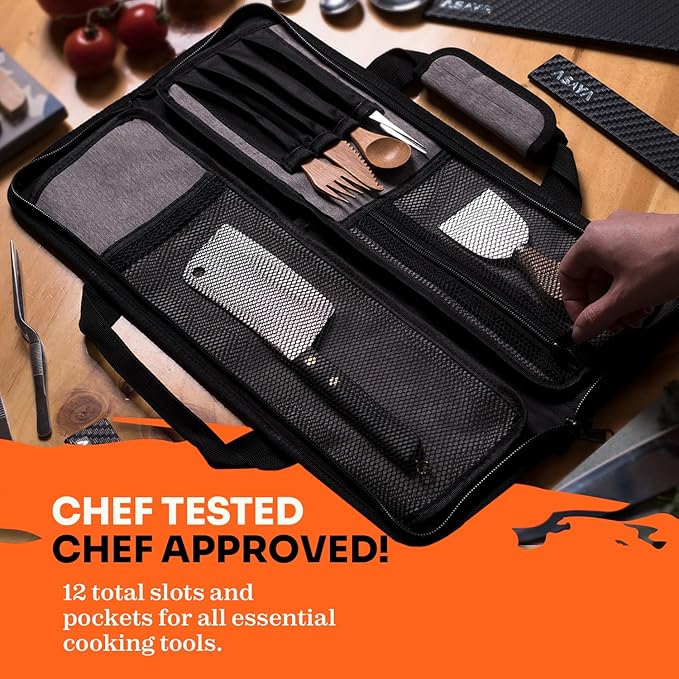 Asaya Chef Knife Roll Bag - 12 Pockets for Knives and Kitchen Utensils - Lightweight, Durable, and Stain Resistant Nylon - Perfect for the Traveling Chef - Knives not Included