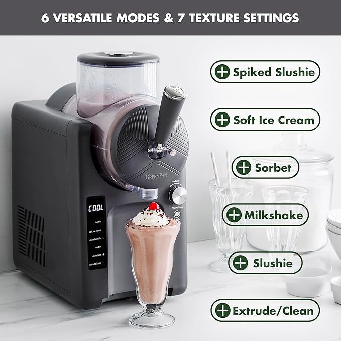GreenPan Frost Ice Cream Machine & Frozen Drink Maker, Soft Serve, Slushie, Milkshakes & Cocktails, No Freezer Needed, 15-in-1, 7 Textures, Quiet & Rapid, Easy Clean, Family Size, Licorice Gray