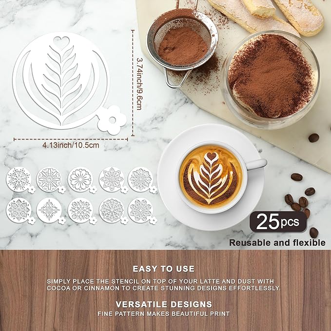 Mandala Cookie Coffee Stencils - 25 Pcs Mandala Latte Art Cookie Stencils for Coffee Cake Bread Decor, Reusable Bread Template for Sourdough Decoration Tools Baking Stencil
