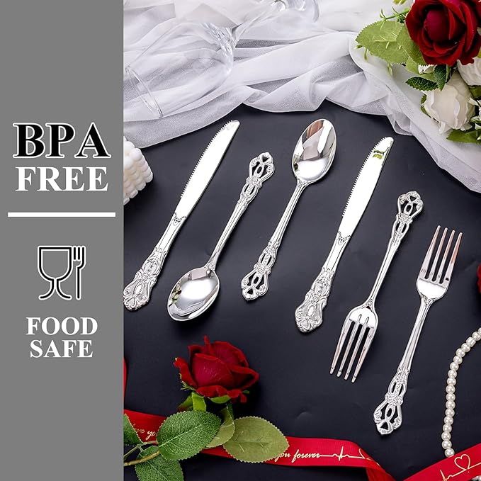 40PSC Silver Plastic Cutlery - Vintage Silver Disposable Silverware - Heavyweight Plastic Utensils with 20 Forks, 10Knives, 10 Spoons For Catering, Parties, Dinners and Weddings