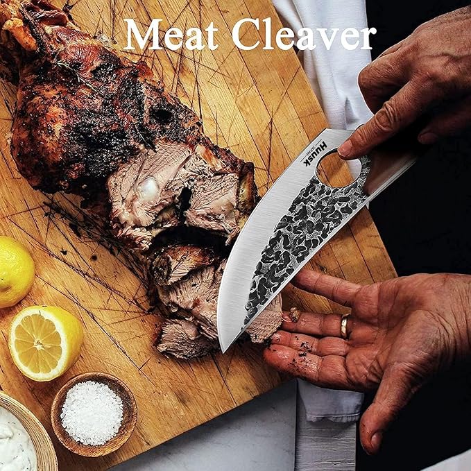 Huusk Viking Japanese Meat Cleaver, Forged Boning Knife With Sheath, High Carbon Steel Japan Butcher Fillet for Kitchen, Camping