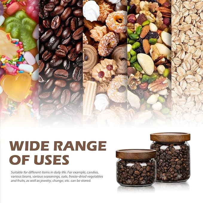 1 PC Small Glass Storage Jars with Airtight Lids, 11 fl oz (300ml) coffee container with Wooden Lid, Glass Pantry Canister for Beans, Rice, Sugar and etc