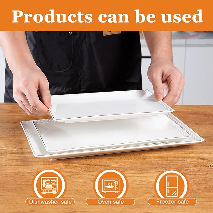 Kassel Ceramic Serving Platter Set | 16”/14”/12” Rectangular Serving Trays for Entertaining at Parties and Weddings | Oven Safe XL Serving Trays for Tacos, Steak, and Cake