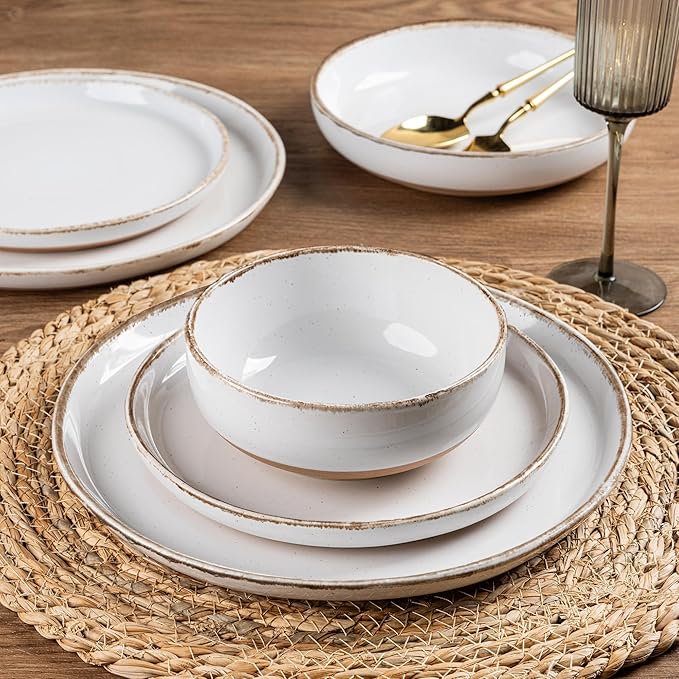 AmorArc Ceramic Dinnerware Sets for 4, 12 Pieces Handpainted Plates and Bowls Set with Rustic Terracotta Underside, Scratch Resistant Stoneware Dishes Set, Dishwasher & Microwave Safe, White