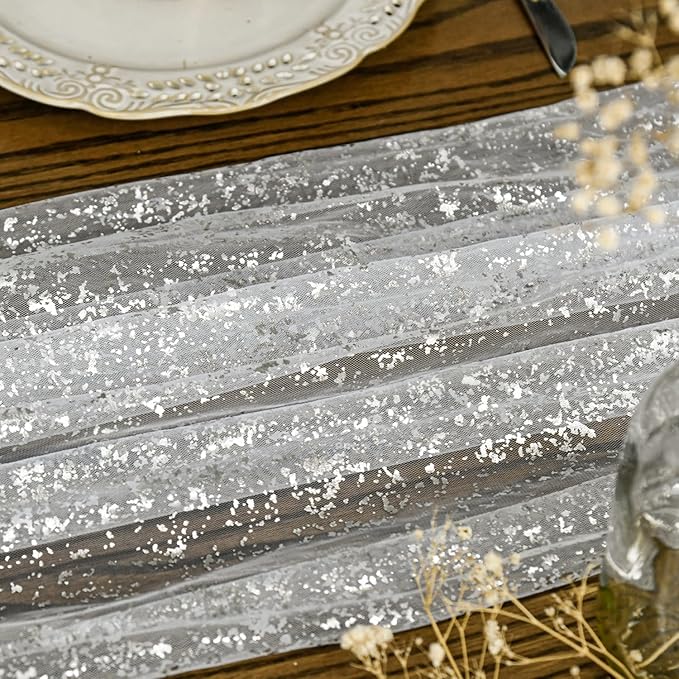Artoid Mode 3Pcs White Silver Gauze Table Runner 120 Inch 10FT, Glitter Metallic Foil Sheer Dining Wedding Anniversary Holiday Birthday Table Decor for Home Party