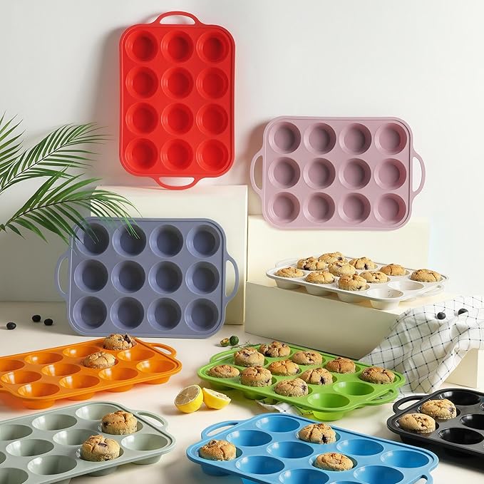 12 Cups Silicone Muffin Pan with Metal Reinforced Frame Regular Size Cupcake Pan Tray Egg Bites Silicone Rubber Cookie Molds Muffin Tin Baking Pans Tart Pan Not Stainless Steel Ceramic Aluminum