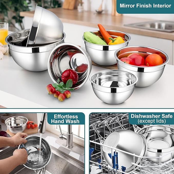 LIANYU 6 Piece Stainless Steel Mixing Bowls, Large Metal Bowls with Airtight Lids Set, 7 & 3.5 & 2.5 QT 2 & 1.5 & 1QT, Kitchen Nesting Bowls for Cooking Prepping Food Storage, Dishwasher Safe, Blue