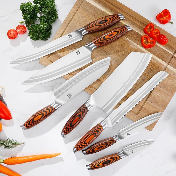 MSY BIGSUNNY 7-PCS Kitchen Knife Set, German Stainless Steel for Chef Knife Set with Pakkawood Handle, Perfect Cutlery Set Gift