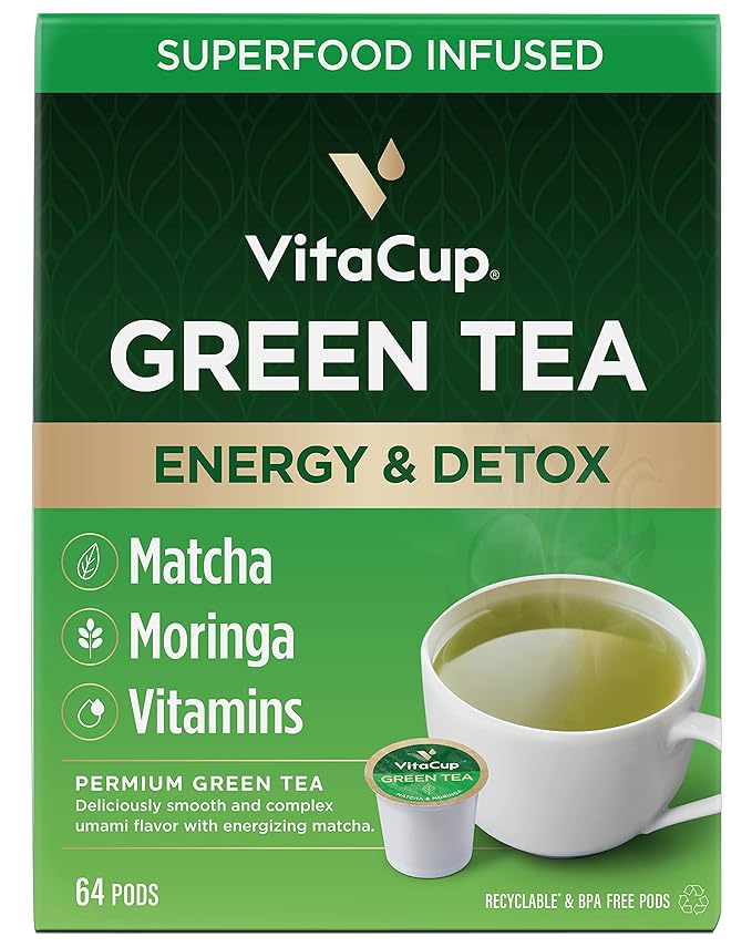 VitaCup Green Tea Pods, Enhance Energy & Detox with Matcha, Moringa, B Vitamins, D3, Keto, Paleo, Vegan, Recyclable Single Serve Pod, Compatible with Keurig K-Cup Brewers,64 Ct