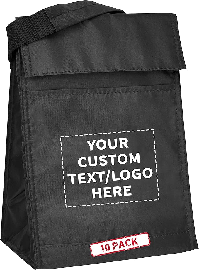 DISCOUNT PROMOS 10 Hook and Loop Insulated Lunch Bags Set - Customizable Text, Logo - Polyester, Durable, Vibrant, Reusable - Black