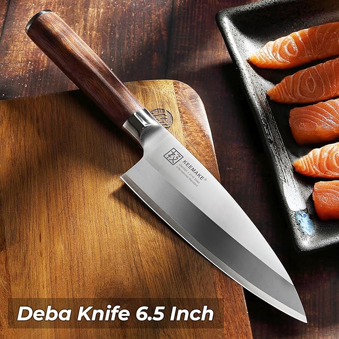 KEEMAKE Deba Knife 6.5 inches, Chef Knife Single Bevel High Carbon Stainless Steel 1.4116 Japanese Style Kitchen Knife for Fish and Meat with Rosewood Handle Chopping Knife with Gift Box