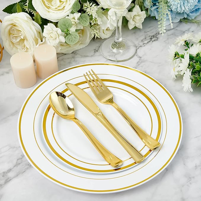 FOCUSLINE 300 Count Gold Plastic Silverware Set - 100 Forks, 100 Knives, 100 Spoons - Heavy Duty Plastic Cutlery Set Disposable Flatware for Catering, Parties, Dinners, Weddings