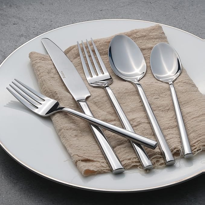 Alata Potter 60-Piece Forged Silverware Set Stainless Steel Flatware Set Cutlery Set, Service for 12, Mirror Finish, Dishwasher Safe