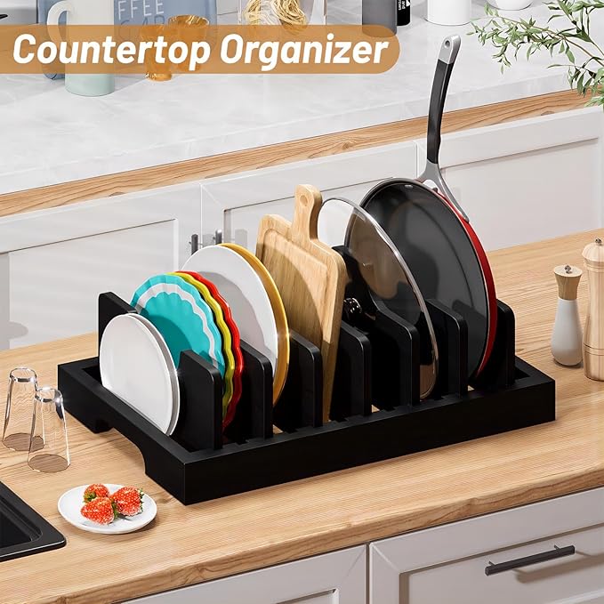 Bamboo Pot and Pan Organizer, Pot Lid Organizer Holder Rack for Countertop Drawer, Kitchen Cabinet Organizer with 7 Adjustable Dividers for Pots, Pans, Baking Sheets, Cutting Boards, Black