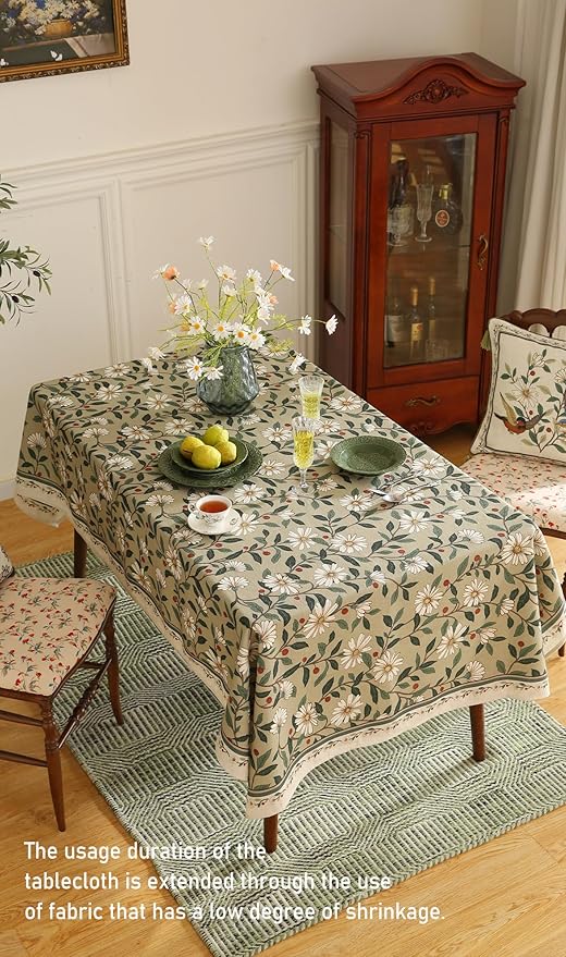 ISAENNE Designer Green Linen Tablecloth Rectangular,Floral French Country Indoor Table Cloth,Stain Resistant Home Decor Tablecloths for Dining Kitchen Thanksgiving Party,55"*87"-Brune