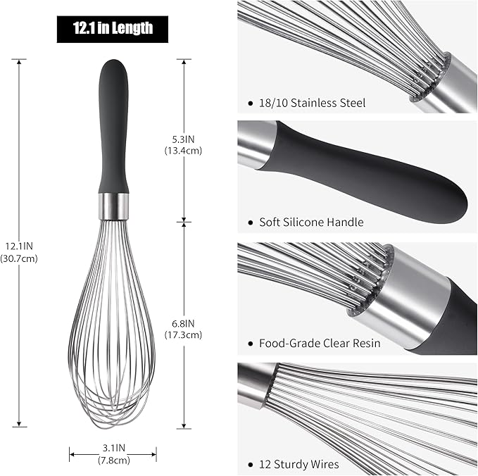 18/8 Stainless Steel Balloon Whisk, Doosu Kitchen Whisk for Cooking Handheld Egg Beater with Rust-Proof Sturdy Wires & Non-Slip Silicone Handle for Beating, Stirring, Blending (12 Wires, Black)