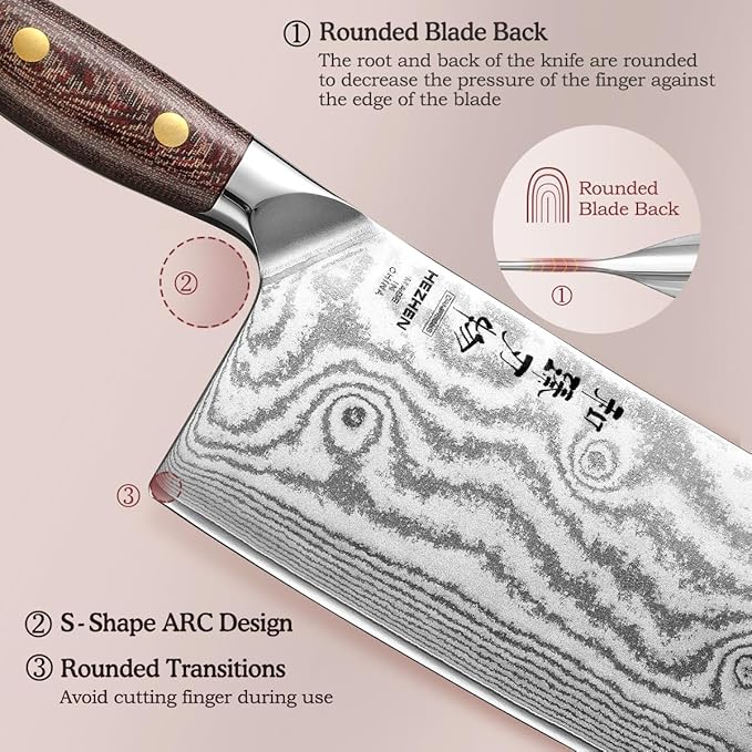 HEZHEN Meat Cleaver Knife,7 Inches, 67 Layers Damascus Steel Kitchen Knife, Professional Cleaver Knife for Meat and Vegetable Cutting, Ultra Sharp, Ergonomic Micarta Handle, Gift Packing