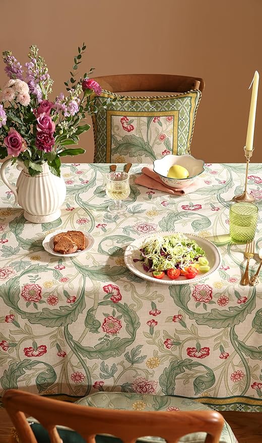 patdrea Designer Green Extra Long Table Cloth for Rectangle Table,Vintage Linen Leaves Pattern Tablecloth,Floral Cover Decor for Kitchen Dining Christmas,Thanksgiving,Tea Party,63"x110"-Cecilia a