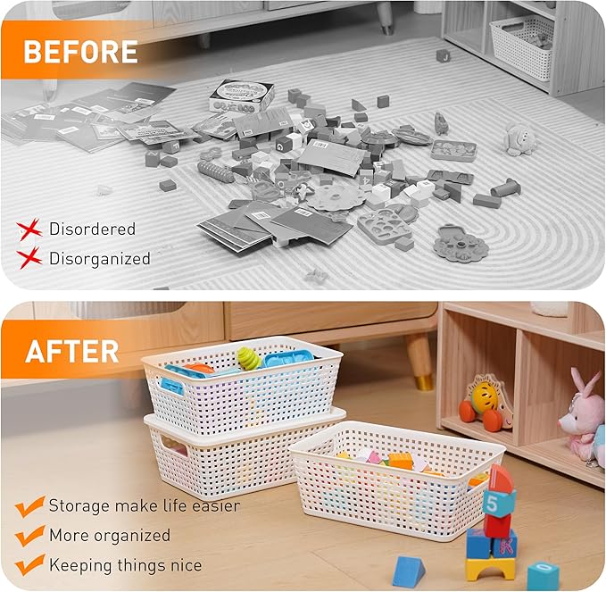 Plastic Storage Baskets With Lid, Storage Bins for Organizing, Stackable Decorative Containers for Shelves Drawers Desktop Closet Playroom Classroom Office, 10 Pack-White