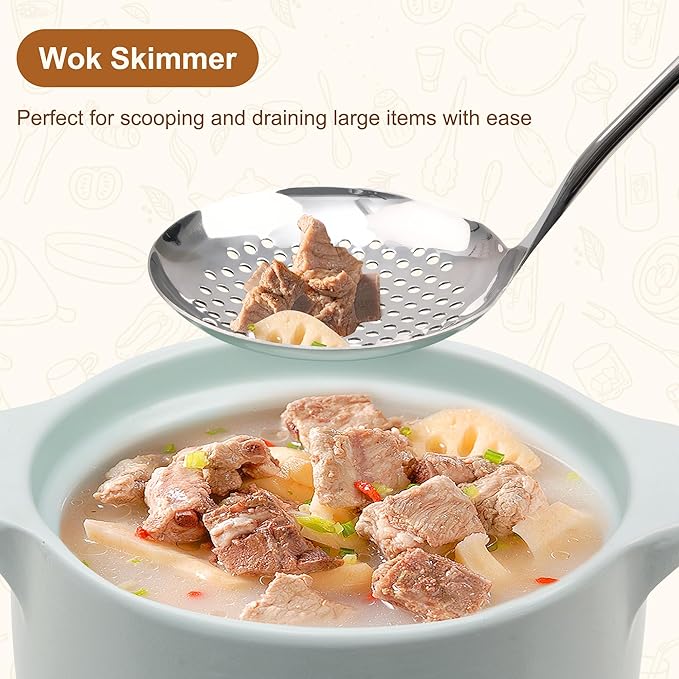 FJNATINH Wok Spatula - Ladle - Skimmer - Stainless Steel Wok Tools,Wok Utensil,Mirror Polished Stainless Steel Cooking Utensils 14.6-15.2" Kitchen Utensils Cookware, Pack of 3