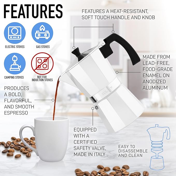 Zulay Moka Pot Espresso Stovetop Coffee Maker - Leak-Proof, Stainless Steel, Easy to Clean, Heat Resistant Handle & Knob - for Authentic Cuban & Italian Style Espresso - Makes 12 Espresso Cups - White