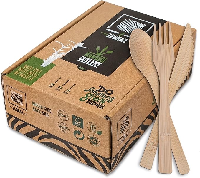 2ZEBRAZ 100% Bamboo Cutlery Set of 100 pc - 50 Forks, 25 Knives, 25 Spoons, Smooth Reusable Bamboo Silverware, Compostable and Durable Disposable Utensils, Eco-Friendly Flatware in Premium Box