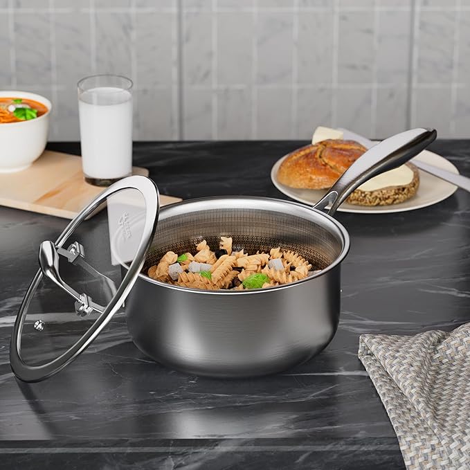 COOKER KING 3 Quart Stainless Steel Saucepan, Nonstick Sauce Pan, Ceramic Suce Pot with Tempered Glass Lid, Induction Pot Compatible with All Cooktops, Dishwasher & Oven Safe(PFAS/PFOA/PTFE Free)