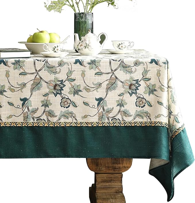 patdrea Designer Green Small Linen Table Cloth for Rectangle Table,Vintage Floral Pattern Durable Tablecloth,French Cover Decor for Kitchen Dining,Christmas,Thanksgiving,Tea Party,55"x71"-Noah